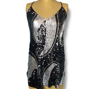 Como Design Sequin Black & Silver Strappy Low Cut Mini Party Dress Size M
